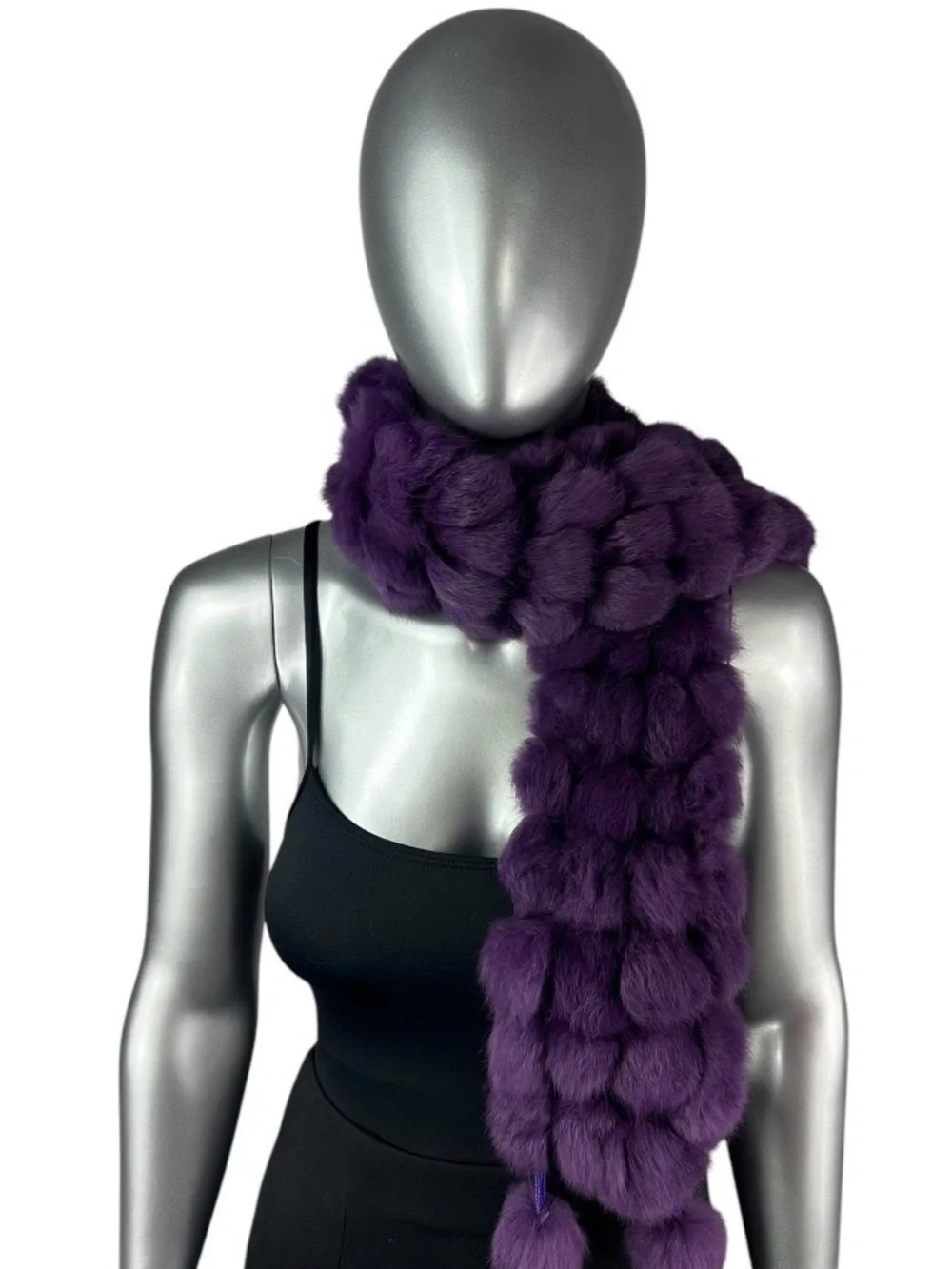 Purple RABBIT Scarf w/POM POMS Size 47”L, Certified Vintage Fur